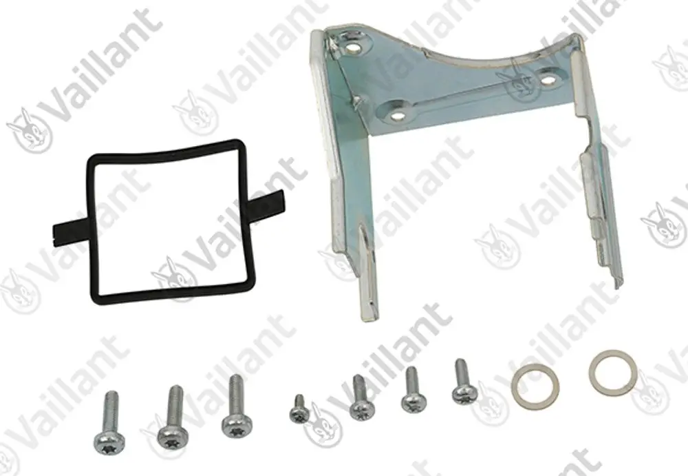 Vaillant Halter für Gasarmatur, bestehend aus einer Metallvorrichtung, einer Dichtung sowie Schrauben und Unterlegscheiben für die Befestigung.